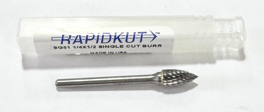 RapidKut 1/4" x 1/2" x 1/8" Carbide Burr SG51, Single Cut, Tree Pointed End USA