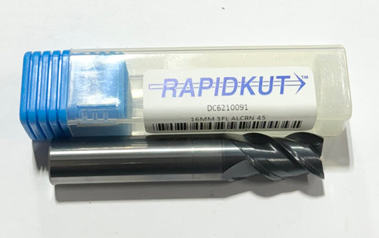 RapidKut 16mm Carbide End Mill AlCrN Coated 3FL 0.25mm to 0.35mm Chamfer