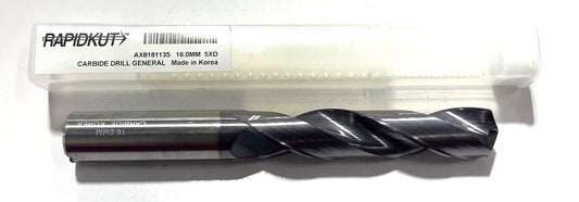 RapidKut 16mm Solid Carbide Drill 5xD TiAlN Coating Coolant Thru 140Â°