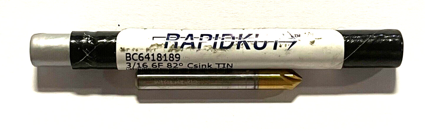 RapidKut 3/16" Cobalt M42 Chatterless Countersink Tin Coated 6 Flute 82Â° USA