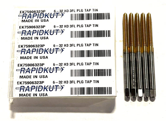 RapidKut 6-32 Hand Tap HSS Tin Coated H3 Plug Tap 3FL USA Made 5 Pack
