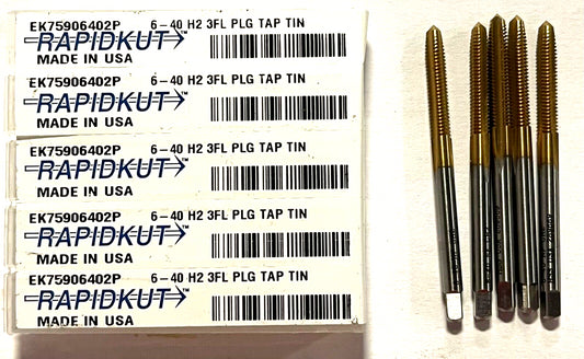 RapidKut 6-40 Tap HSS Tin Coated 3 Flute H2 Plug Tap 5 Pack USA Made