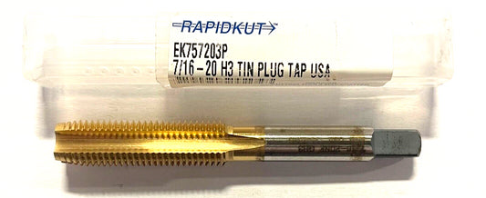 RapidKut 7/16-20 Hand Tap HSS Tin Coated H3 Plug Tap 4FL USA Made