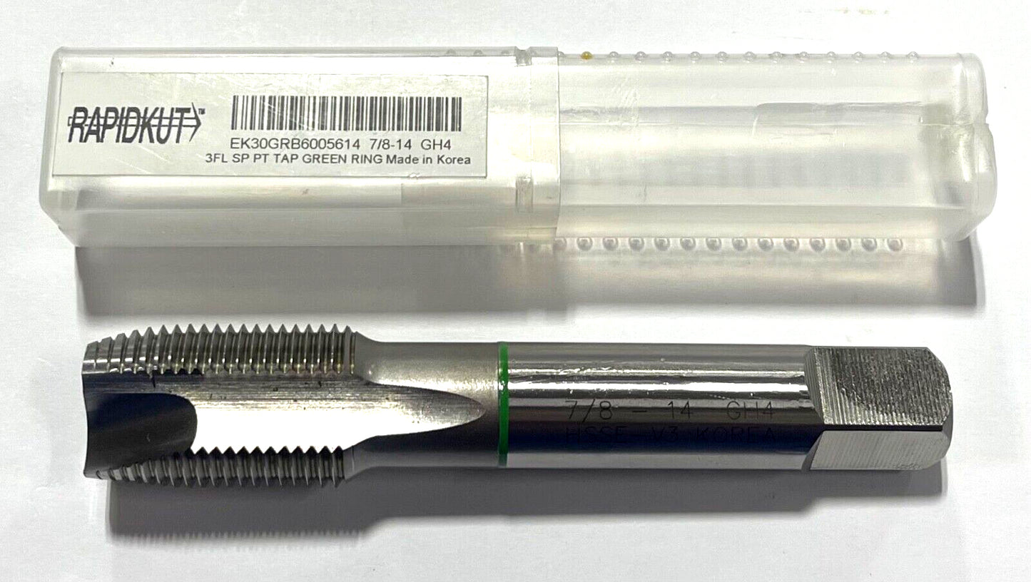 RapidKut 7/8"-14 HSSE-V3 Spiral Point Plug Tap Green Ring GH4 3 Flute