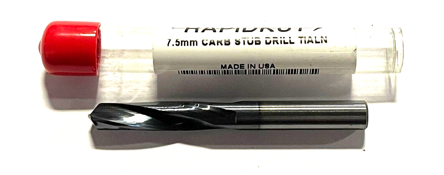 RapidKut 7.5mm Solid Carbide Screw Machine Drill TiAlN Coated 135Â° 2FL USA Made