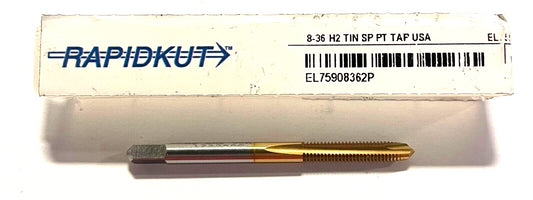 RapidKut 8-36 Tap HSS Spiral Point Plug Tap Tin Coated 2 Flute H2 USA Made