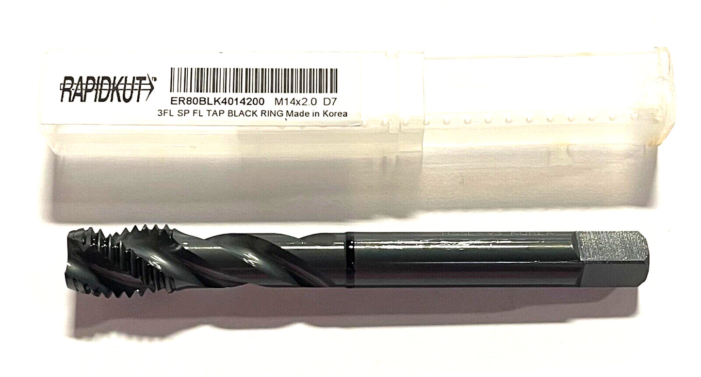 RapidKut M14 x 2mm HSSE-V3 Semi-Bottoming Tap Spiral Flute Black Ring 3FL D7