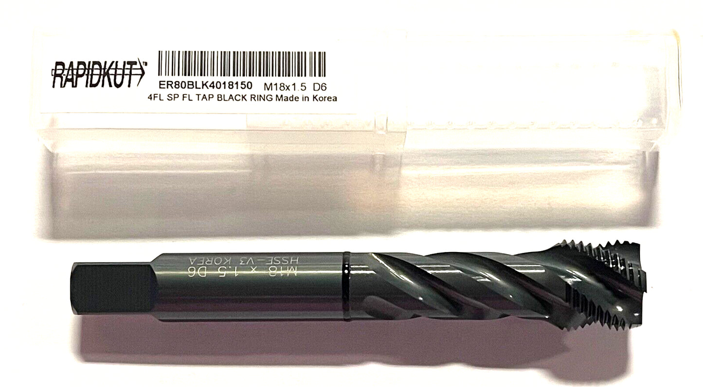 RapidKut M18 x 1.5mm HSSE-V3 Semi-Bottoming Tap Spiral Flute Black Ring 4FL D6