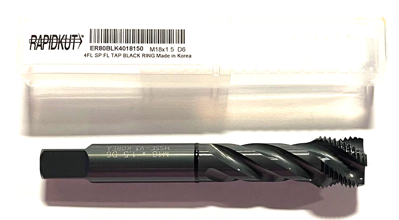 RapidKut M18 x 1.5mm HSSE-V3 Semi-Bottoming Tap Spiral Flute Black Ring 4FL D6