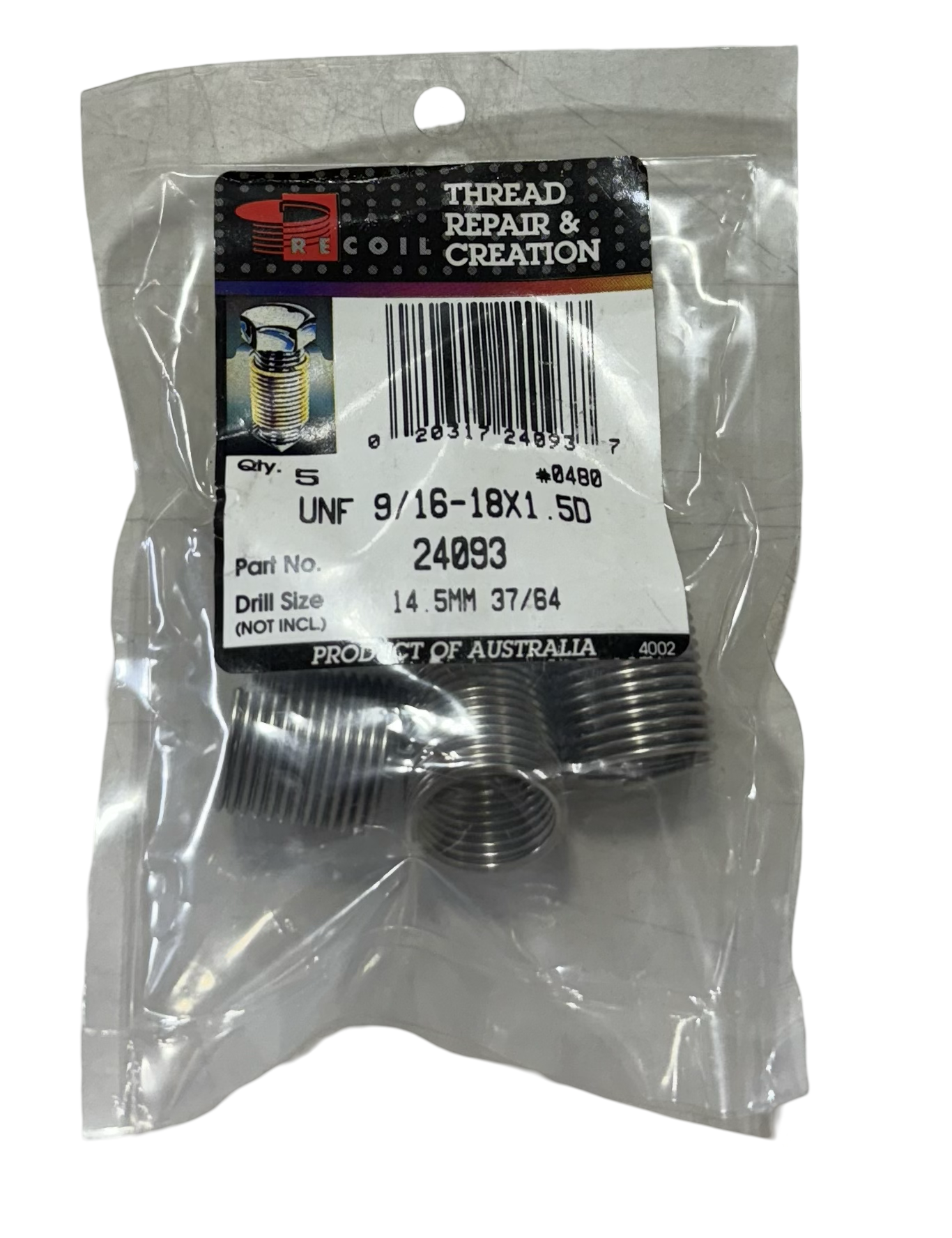 Recoil Tanged Free-Running Coil Threaded Insert Helical 9/16-18 UNF 1.5D Length 304 Stainless Steel 5 Pack