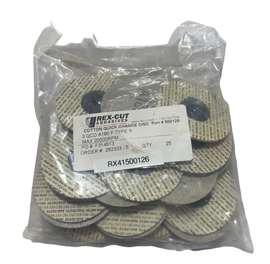 Rex-Cut 3" Roloc Cotton Fiber Quick Change Disc 180 Grit A/O 25 Pack