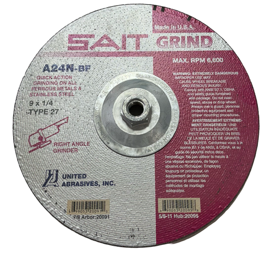 SAIT 9" x 1/4" X 5/8-11 Fast Grinding Wheel Type 27 A24N-BF