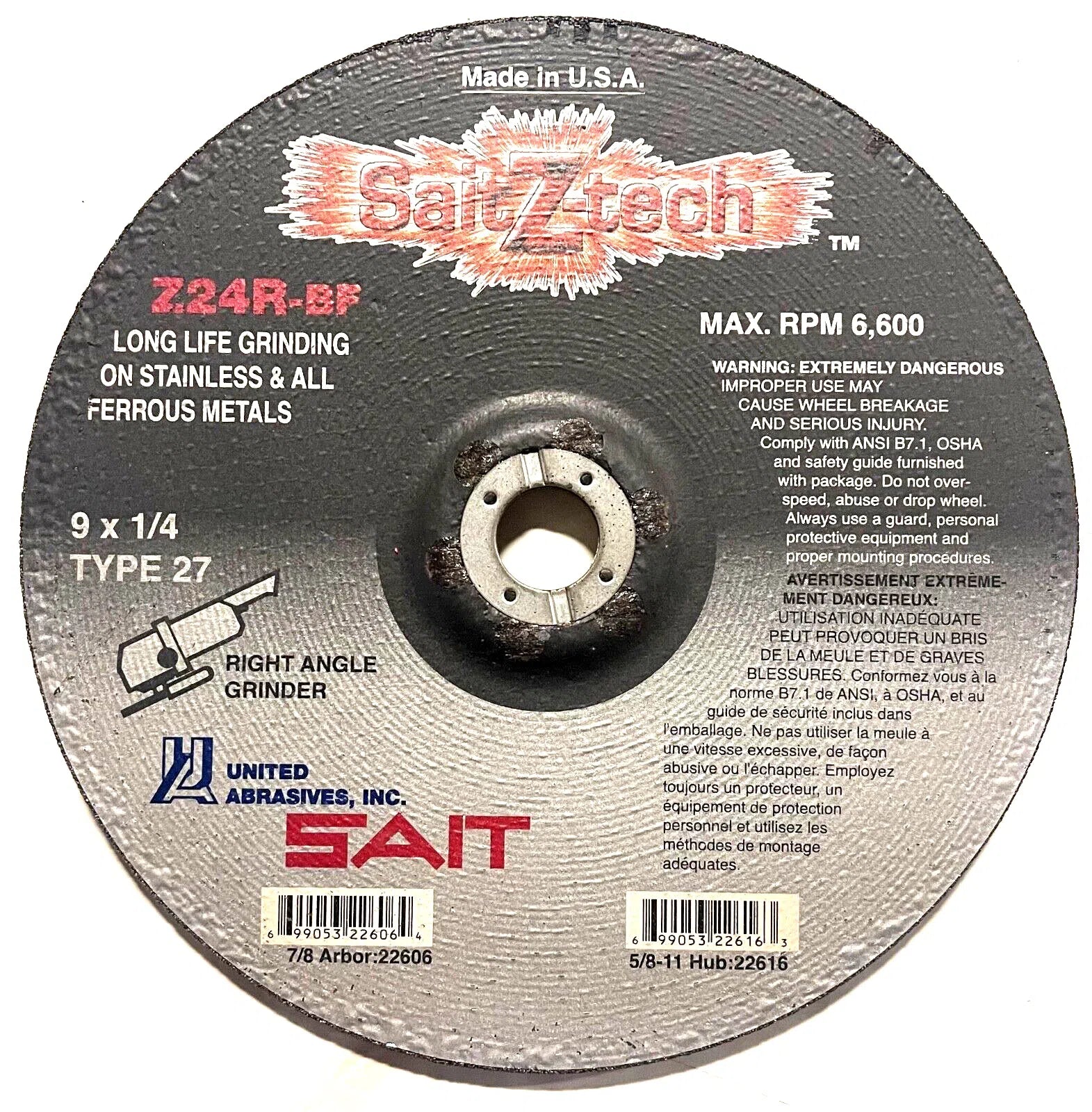 SAIT Z-Tech 9" x 1/4" x 7/8" Grinding Wheel Type 27 Zirconia Alumina 24 Grit