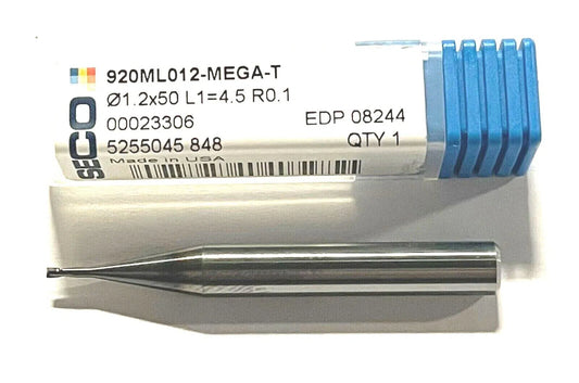 SECO 1.2mm Carbide End Mill MEGA-T Coating 20° Helix 2 Flute USA Made