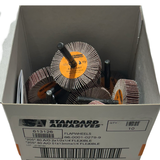 Standard Abrasives 2" x 1/2" x 1/4" Mounted Flap Wheels 80 Grit Aluminum Oxide 10 Pack