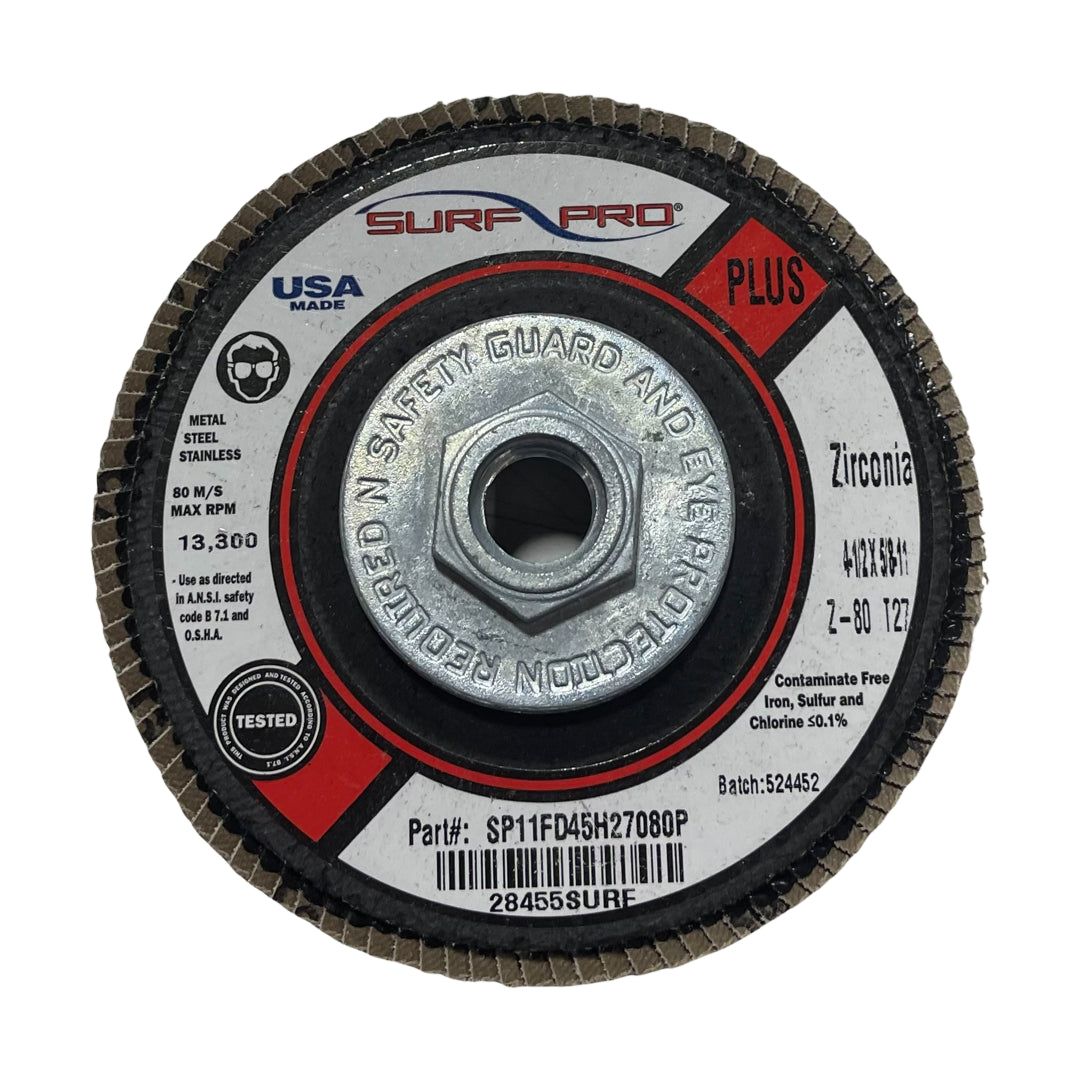 Surf-Pro 4-1/2" x 5/8-11 Flap Disc Zirconia 80 Grit T27 5 Pack USA Made