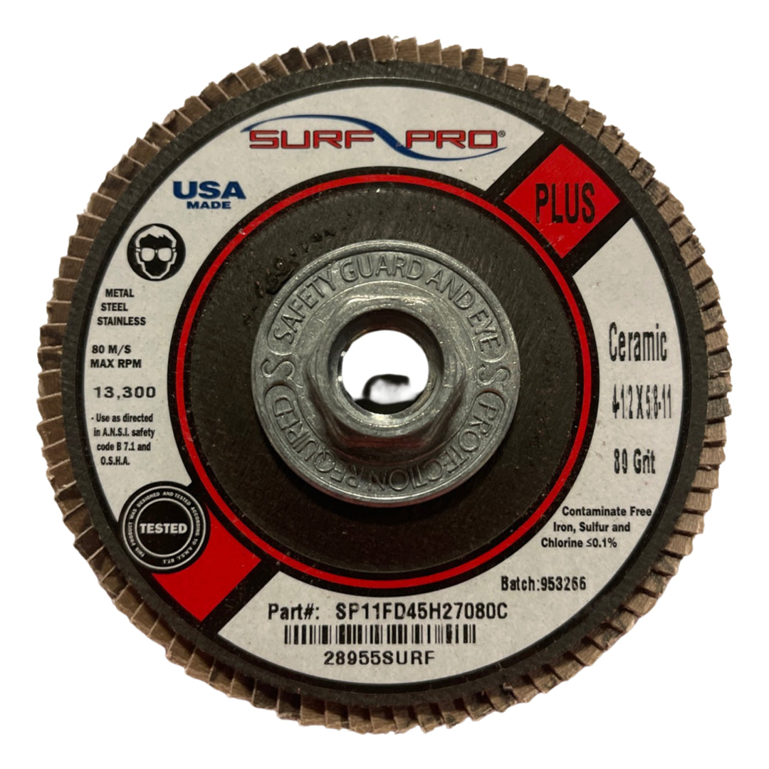 Surf-Pro 4-1/2" x 5/8-11 Flap Wheel Discs 80 Girt Ceramic PLUS Type 27 10 Pack
