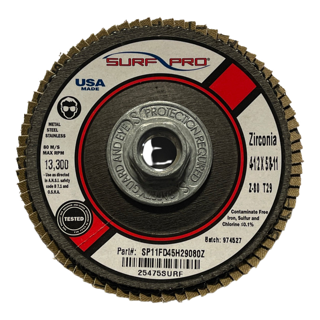 Surf-Pro 4-1/2" x 5/8-11" Flap Wheel Discs 80 Girt Zirconia Premium Type 29 10pk