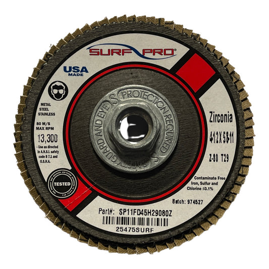Surf-Pro 4-1/2" x 5/8-11" Flap Wheel Discs 80 Girt Zirconia Premium Type 29 10pk