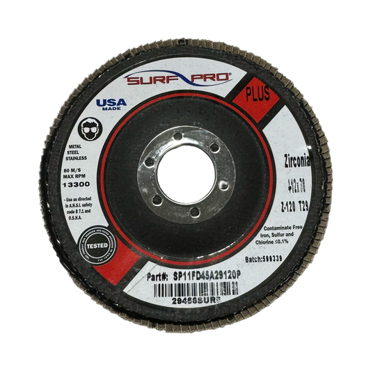 Surf-Pro 4-1/2" x 7/8" Flap Disc 120 Grit T29 Zirconia 10 Pack USA