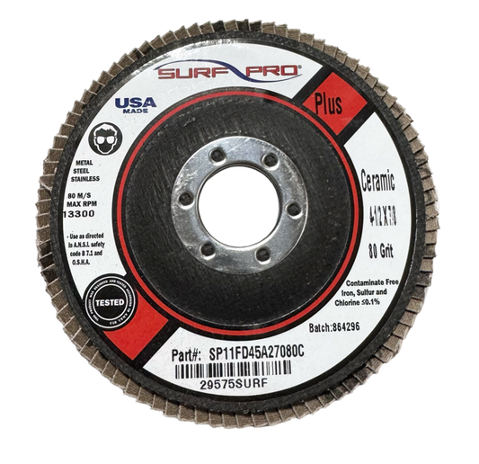 Surf-Pro 4-1/2" x 7/8" Flap Disc 80 Grit Ceramic 10 Pack USA Made