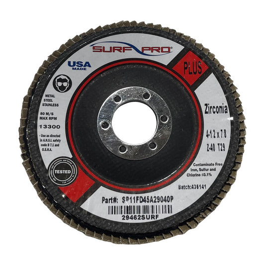 Surf-Pro 4-1/2" x 7/8" Flap Disc Zirconia 40 Grit T29 5 Pack USA Made