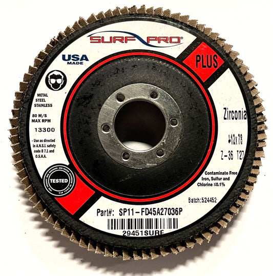 Surf-Pro 4-1/2" x 7/8" Flap Wheel Disc Zirconia PLUS Type 27 36 Grit 10 Pack USA