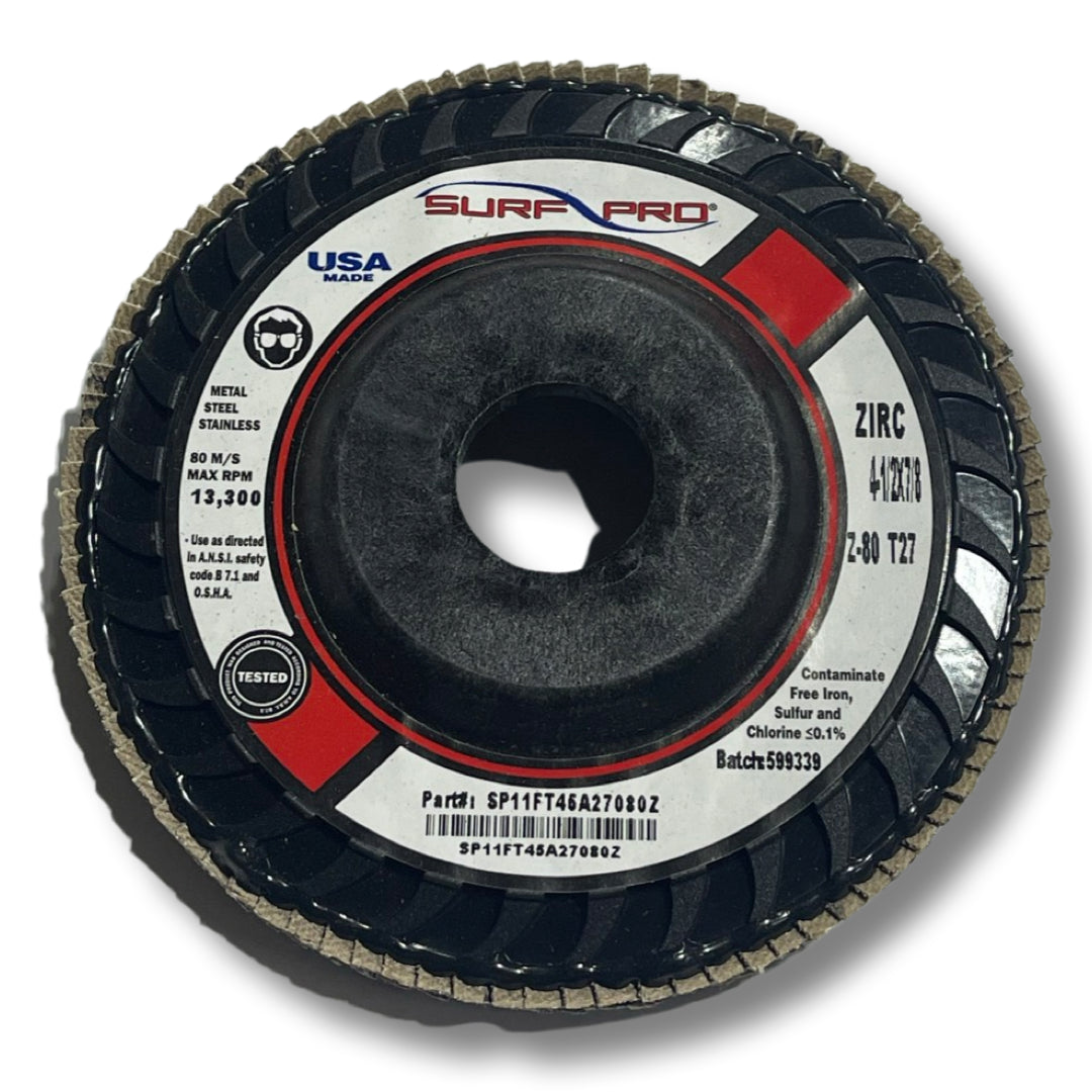 Surf-Pro 4-1/2" x 7/8" Flap Wheel Discs 80 Grit Zirconia Type 27 USA Made 10pk