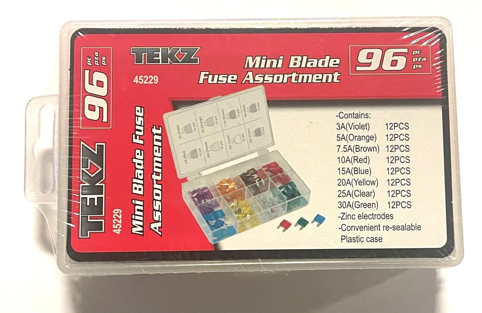 TEKZ 96 Piece Mini Blade Fuse Assortment Zinc Electrodes 45229