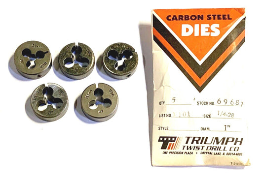 Triumph 1/4-28 Round Die 1" Self Adjusting Carbon Steel Die 5 Pack USA Made