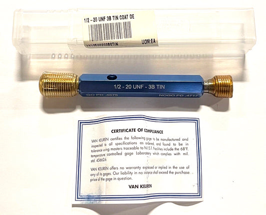 Van Keuren 1/2-20UNF 3B Double End Tin Coated Thread Plug Gage With Handle