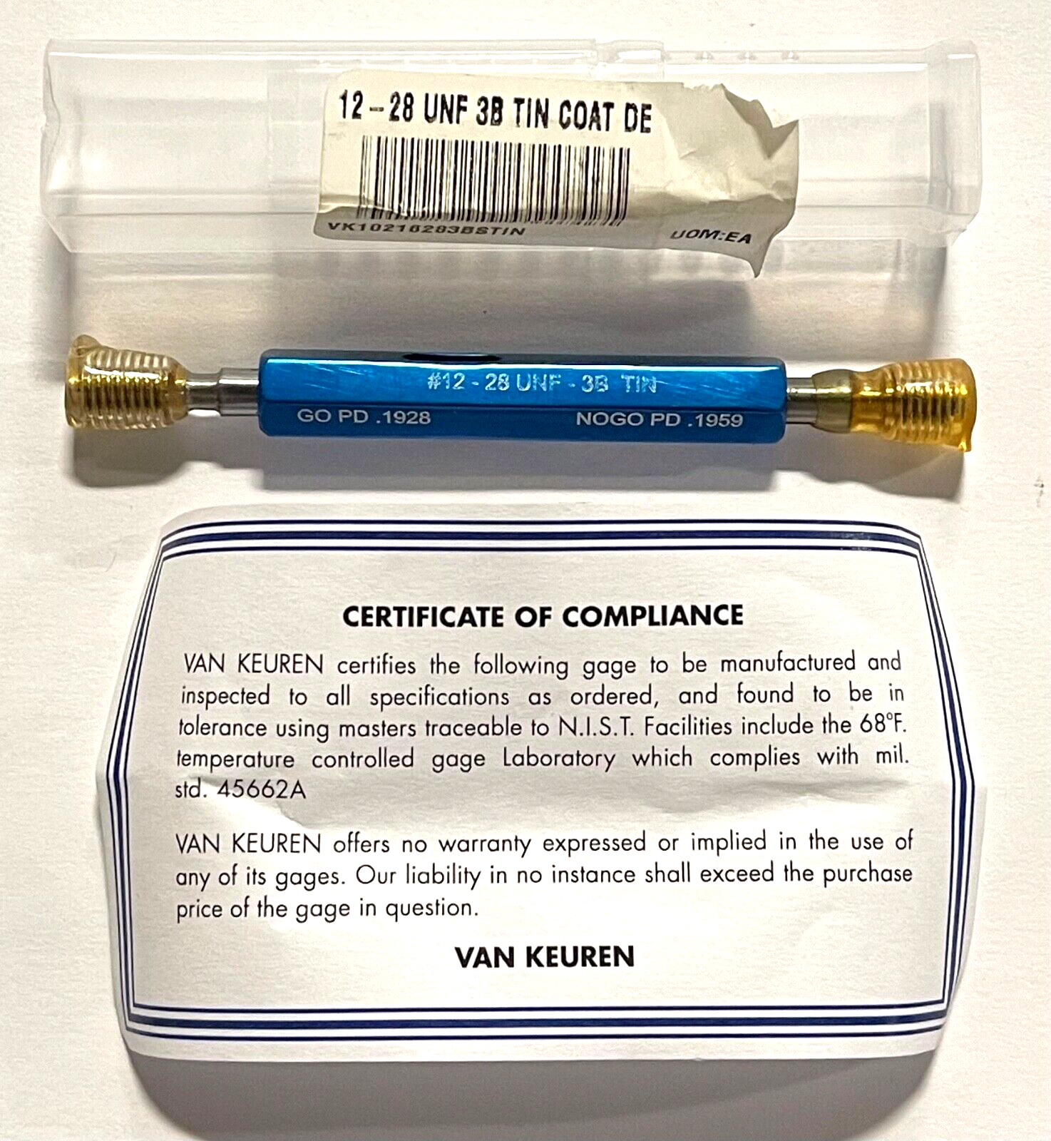 Van Threads Van Keuren 12-28UNF 3B Double End Tin Coated Thread Plug Gage With Han ...