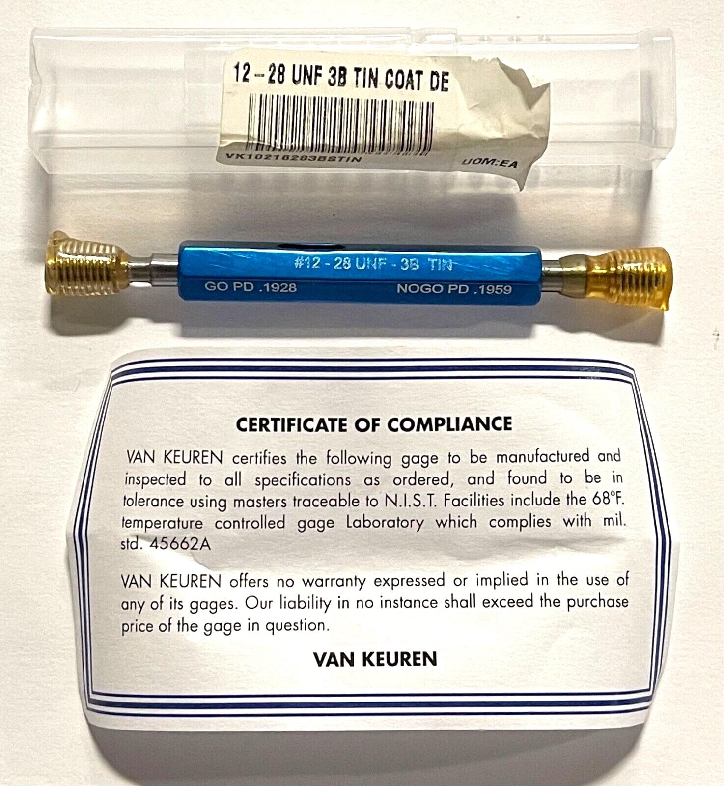 Van Keuren 12-28UNF 3B Double End Tin Coated Thread Plug Gage With Handle