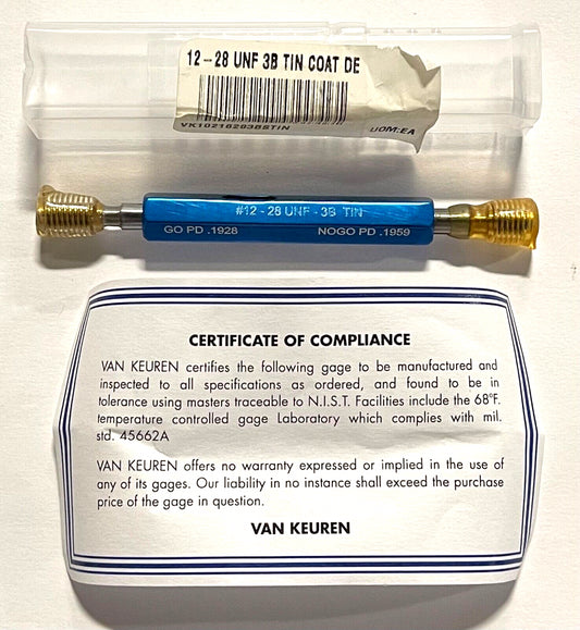 Van Keuren 12-28UNF 3B Double End Tin Coated Thread Plug Gage With Handle