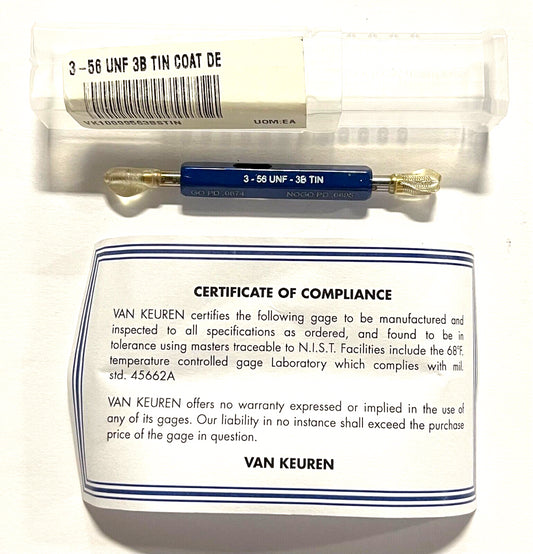 Van Keuren 3-56UNF 3B Double End Tin Coated Thread Plug Gage With Handle