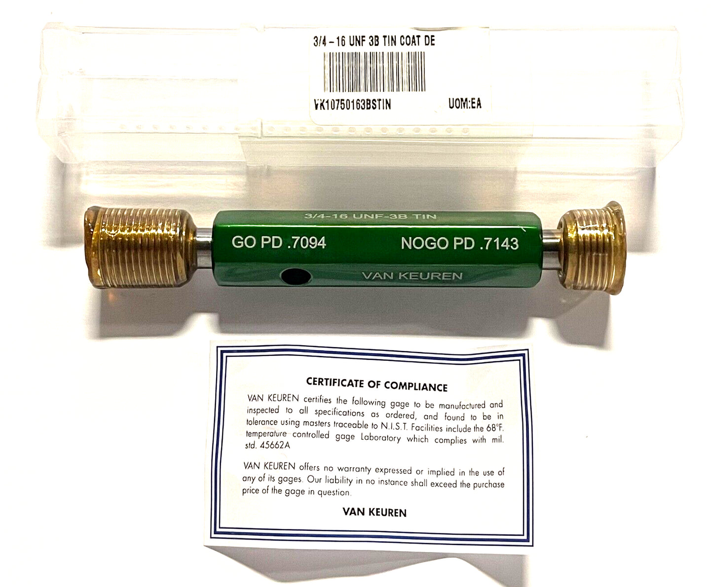 Van Keuren 3/4"-16 UNF 3B Double End Tin Coated Thread Plug Gage With Handle
