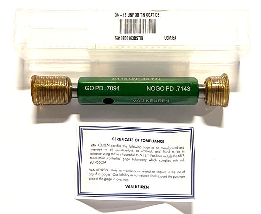 Van Keuren 3/4"-16 UNF 3B Double End Tin Coated Thread Plug Gage With Handle