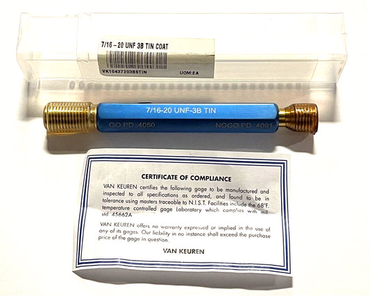 Van Keuren 7/16-20UNF 3B Double End Tin Coated Thread Plug Gage With Handle