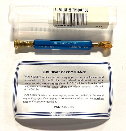 Van Keuren 8-36UNF 2B Double End Tin Coated Thread Plug Gage With Handle