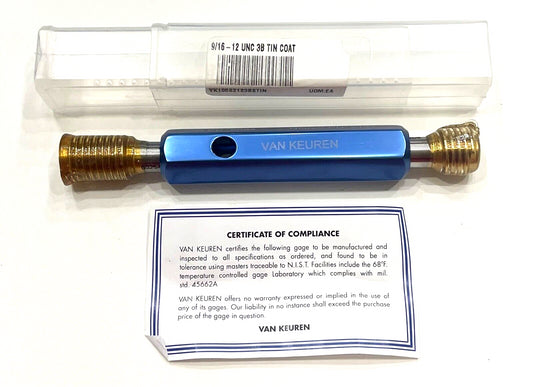 Van Keuren 9/16-12UNC 3B Double End Tin Coated Thread Plug Gage With Handle