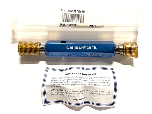 Van Keuren 9/16-18UNF 3B Double End Tin Coated Thread Plug Gage With Handle