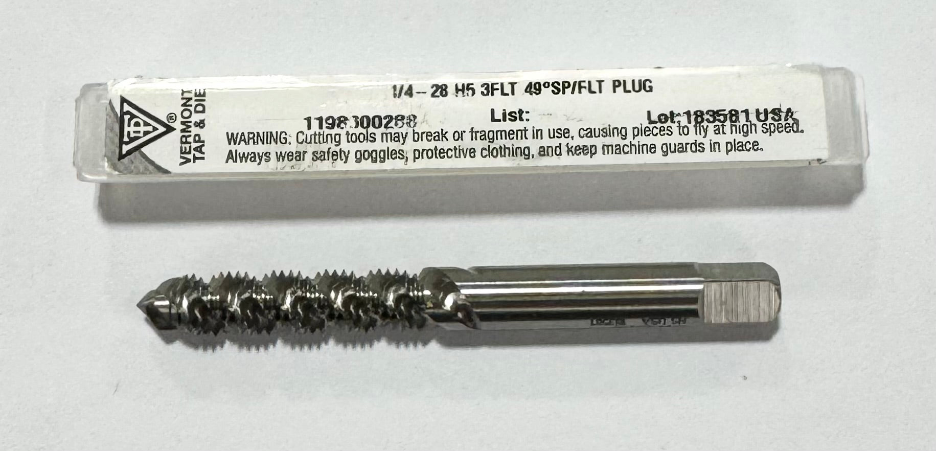 Vermont 1/4"-28 HSS Spiral Flute Plug Tap H5 3 Flute 49° Helix USA Made