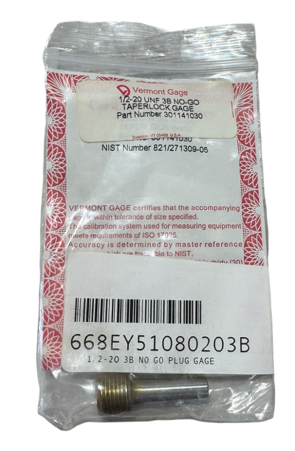 Vermont Gage 1/2"-20 UNF 3B NO-GO Taperlock Gage USA Made