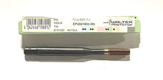 Walter-Prototyp M5 x 0.8mm HSS-E Thread Former Tap Tin Coating 6HX 5 Flute