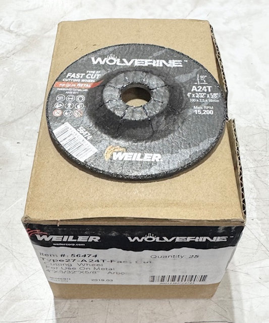 Weiler 4" x 3/32" x 5/8" Cut-Off Wheel T27 A24T Metal Cutting 25 Pack