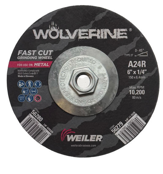 Weiler 6" x 1/4" x 5/8-11 Fast Cut Grinding Wheel T27 A24R for Metal 10 Pack