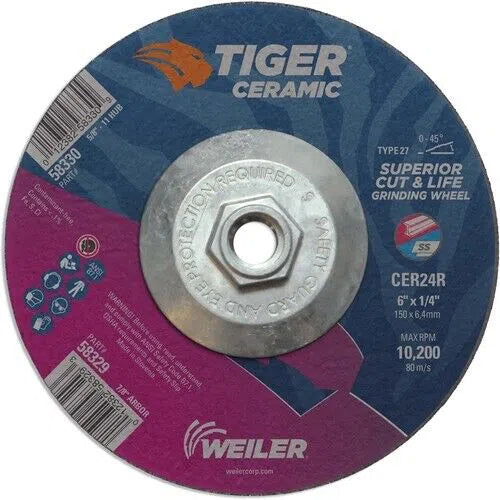 Weiler 6" x 1/4" x 5/8-11 Tiger Ceramic Grinding Wheel Type 27