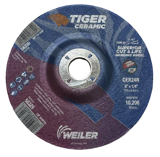 Weiler 6" x 1/4" x 7/8" Tiger Ceramic Grinding Wheel T27 10 Pack