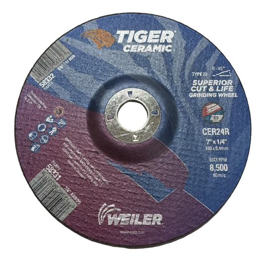 Weiler 7" x 1/4" x 7/8" Tiger Ceramic Grinding Wheels T27 10 Pack