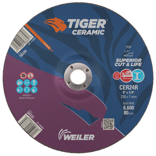 Weiler 9" x 1/4" x 7/8" Tiger Ceramic Grinding Wheel Type 27